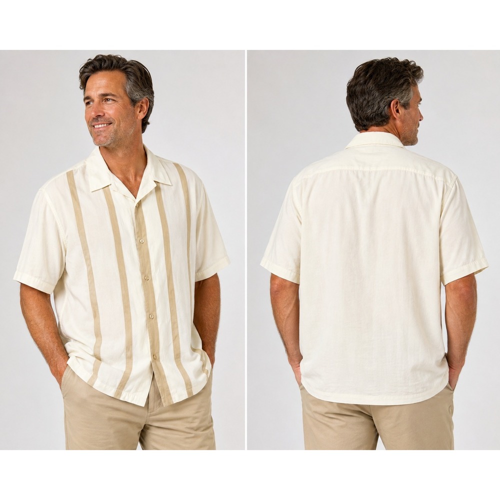 Monte Carlo Mens 2XL Cream Tan Striped Short Sleeve Button Down Camp Shirt